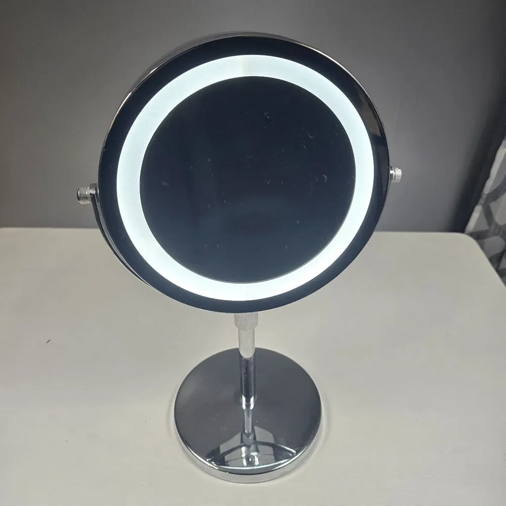 LED Illuminated Dual Sided Round Tabletop Makeup Mirror Silver Chrome 13